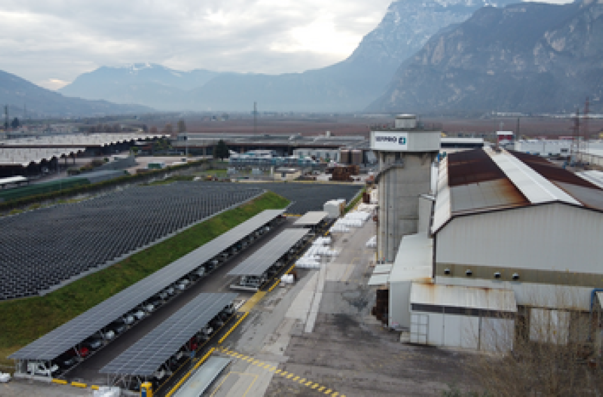 Aerial views of the SEFPRO manufacturing plant in Mezzocorona, Italy, captured by drone.These images showcase the site layout, industrial infrastructure, surrounding landscape, and integration of the plant within its local environment.Suitable for corporate communication, sustainability initiatives, industrial presentations, and digital content.
